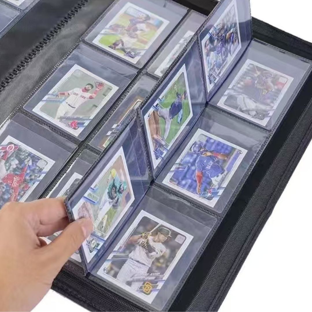 Close-up of semi-rigid card holders stored in the clear pockets of the EVORETRO binder