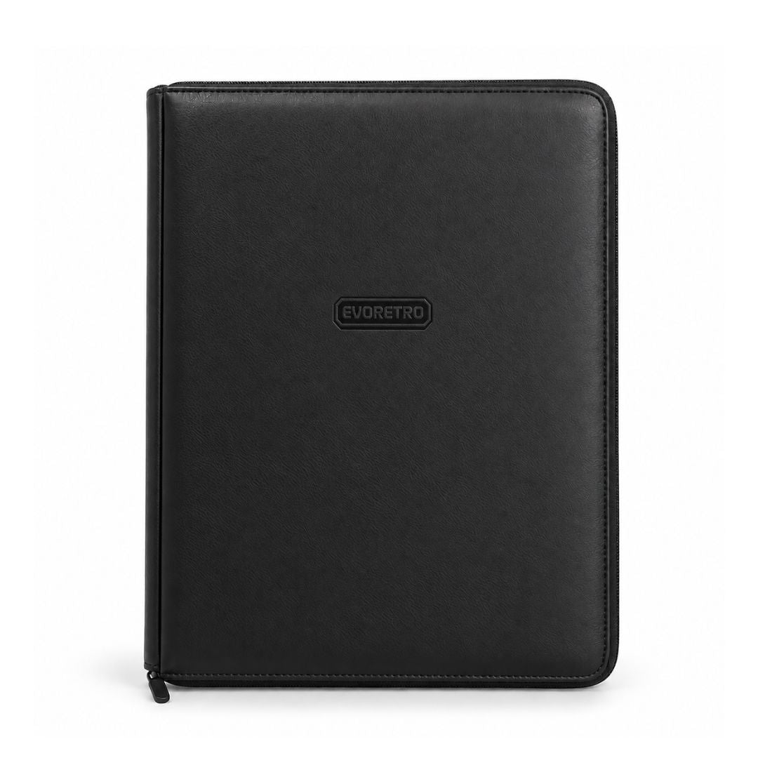 EVORETRO black semi-rigid Card Saver zip binder with embossed logo, closed front view