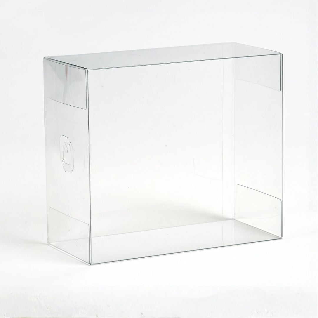 Clear rectangular display case on a white background