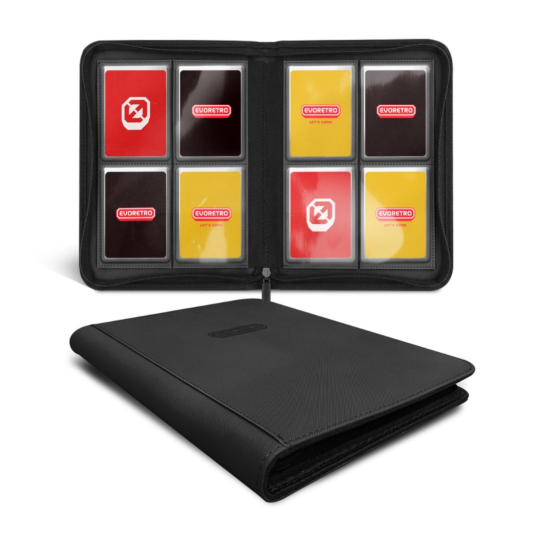 EVORETRO black card binder opened to show four-pocket pages and the plain outer cover