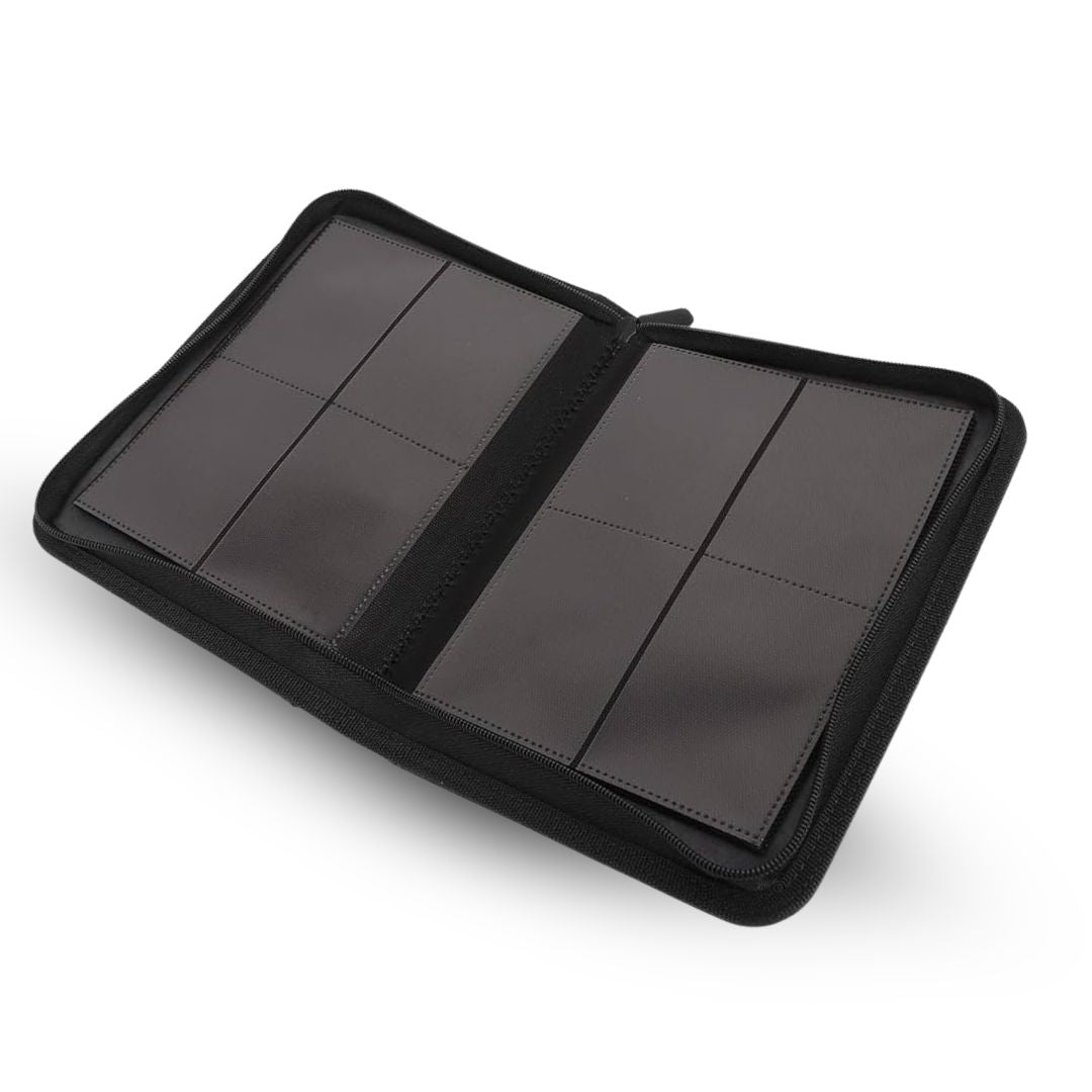Close-up of the EVORETRO black card binder showing its four-pocket layout and side-loading pocket design