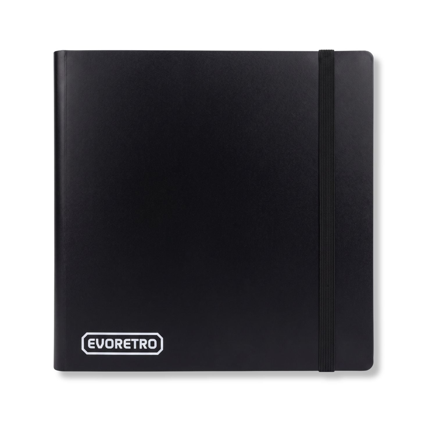 A black binder with a white 'EVORETRO' logo on the bottom left and a black elastic closure band on the right side, shown against a plain white background.
