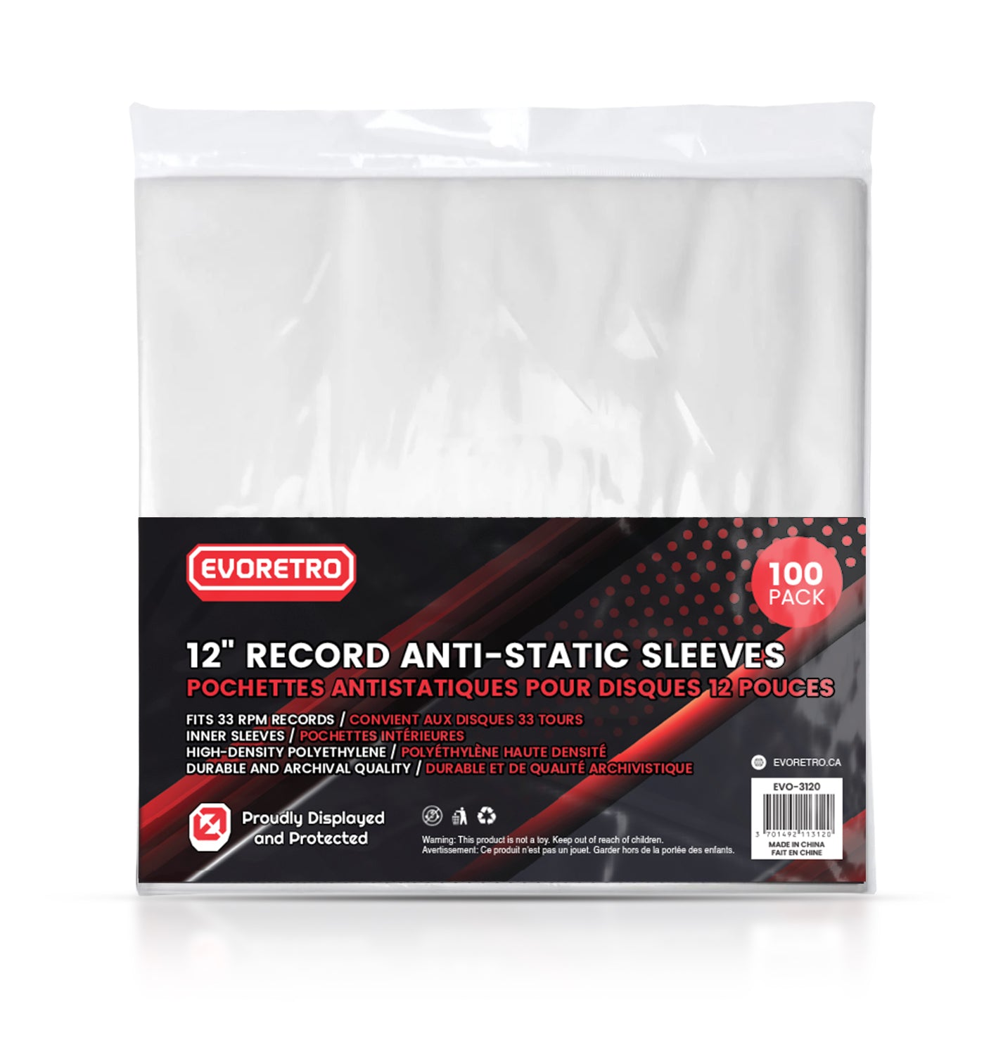 EVORETRO 12-inch anti-static vinyl record inner sleeves 100-pack packaging