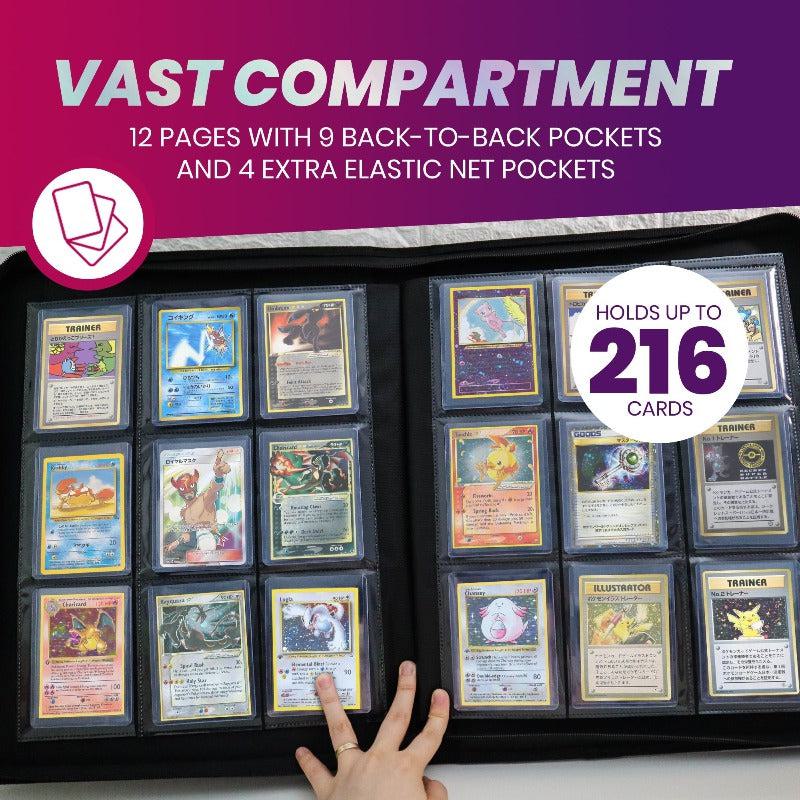 Black 3x3 toploader binder holding up to 216 trading cards with multiple pages and extra compartments