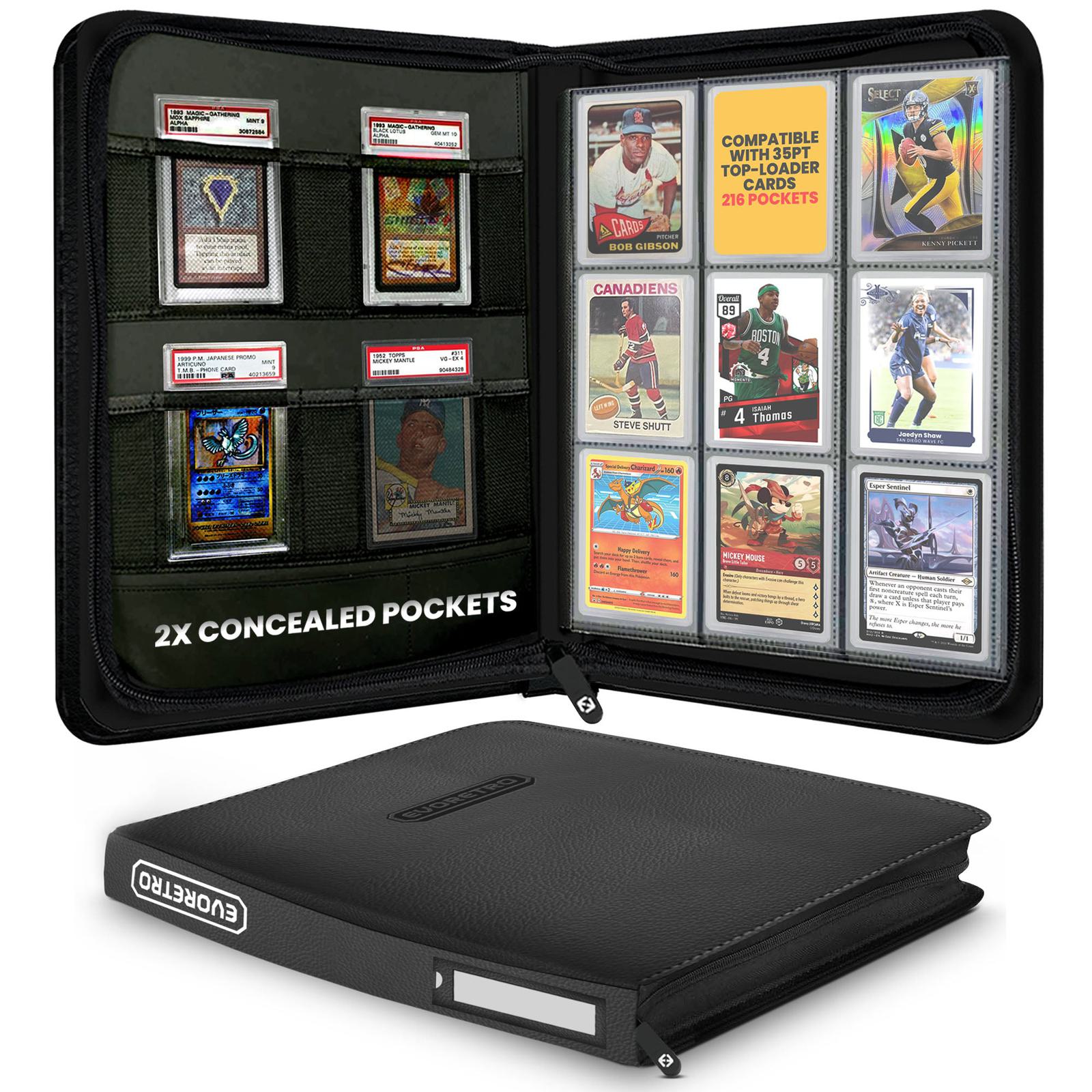 Black 3x3 toploader binder for trading cards compatible with 35pt top loaders and 216 pockets