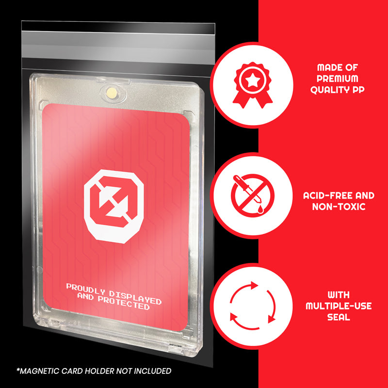 One-touch magnetic card holder inside a resealable team bag, with product features listed on the right side.