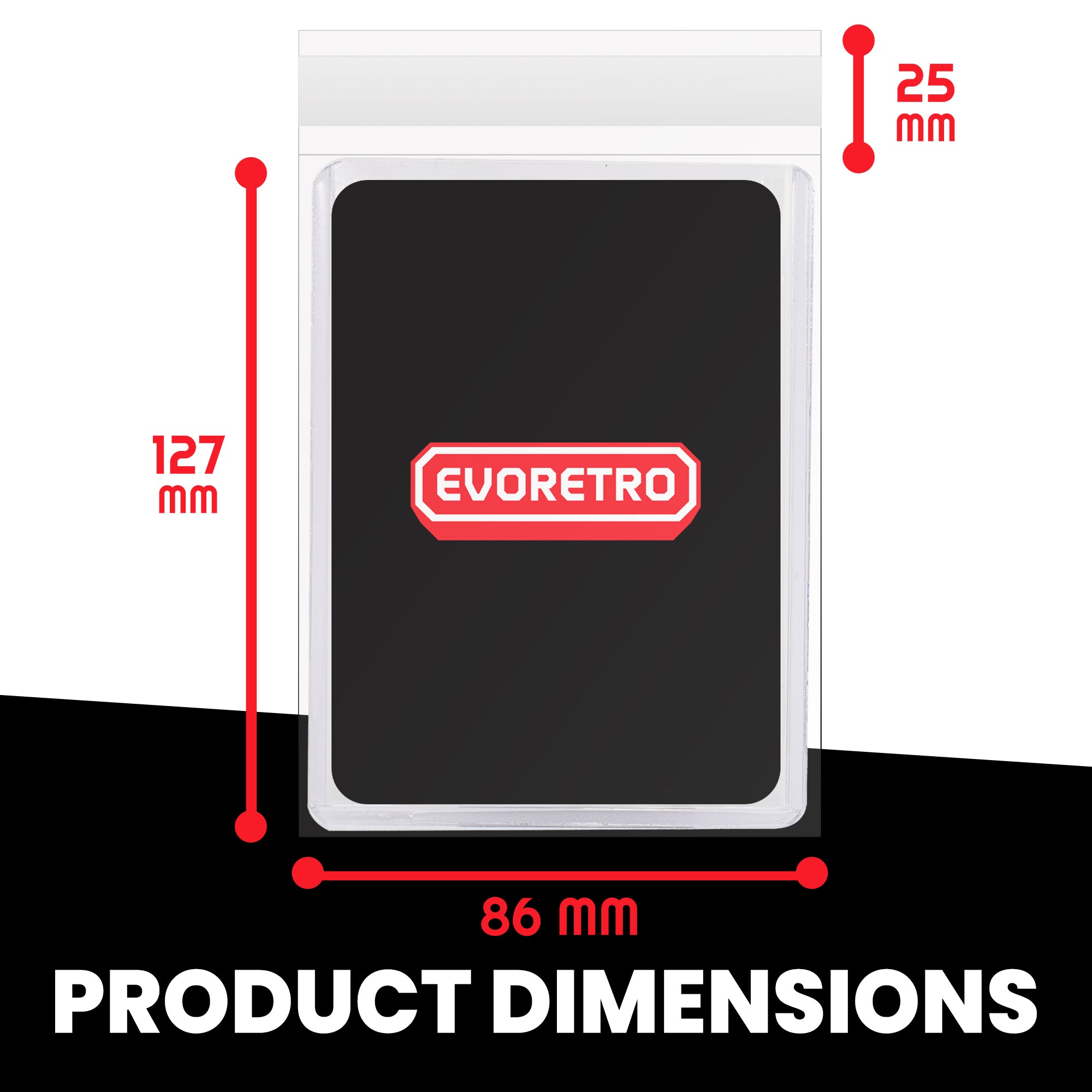 Toploader card inside a clear resealable team bag with precise dimensions shown in millimeters.