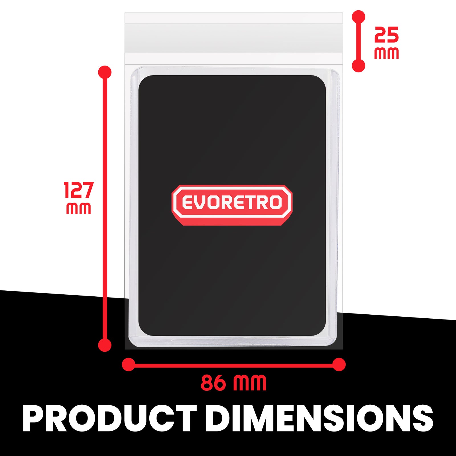 Toploader card inside a clear resealable team bag with precise dimensions shown in millimeters.