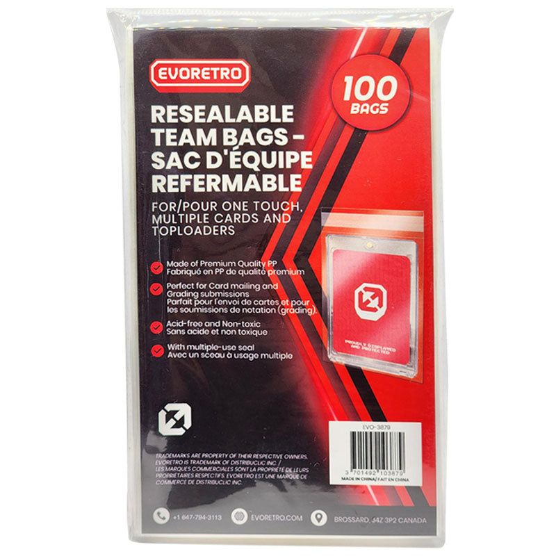 A pack of EVORETRO resealable team bags for cards, with text detailing product features and specifications.