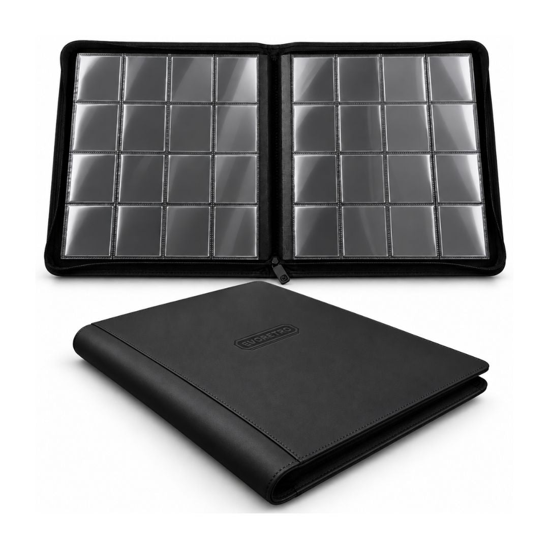 EVORETRO EVO-4001 black 4x4 trading card binder showing interior card pockets and closed cover