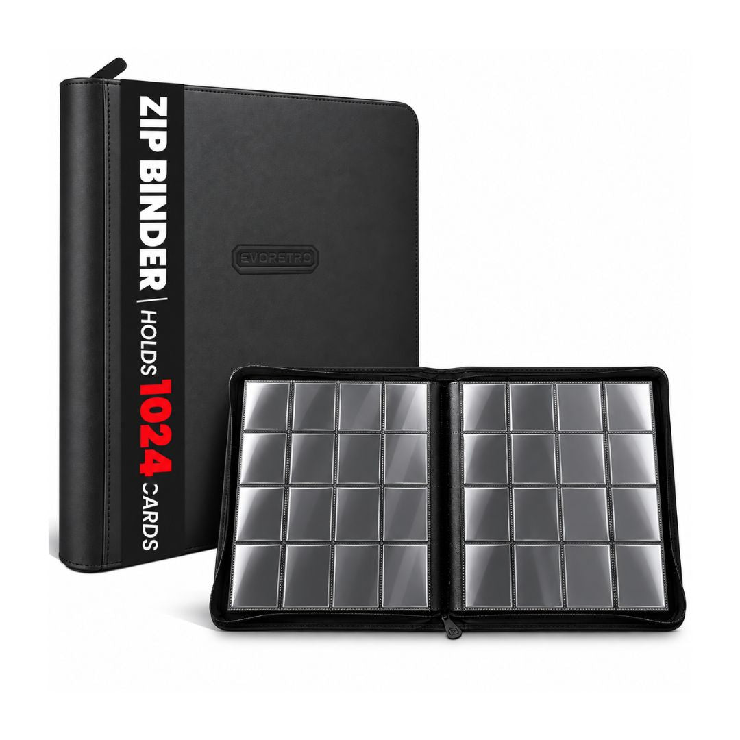 EVORETRO EVO-4001 black 4x4 trading card binder with pages open showing card pockets