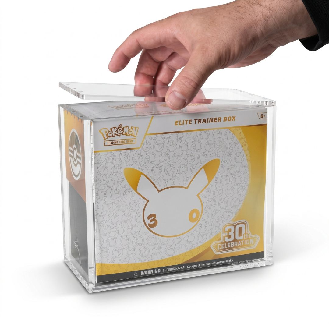 EVORETRO Acrylic ETB Display Case protecting a Pokémon Elite Trainer Box