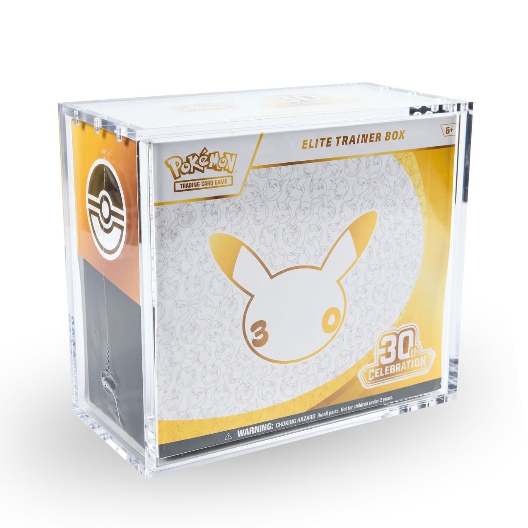 EVORETRO Acrylic ETB Display Case protecting a Pokémon Elite Trainer Box, angled view