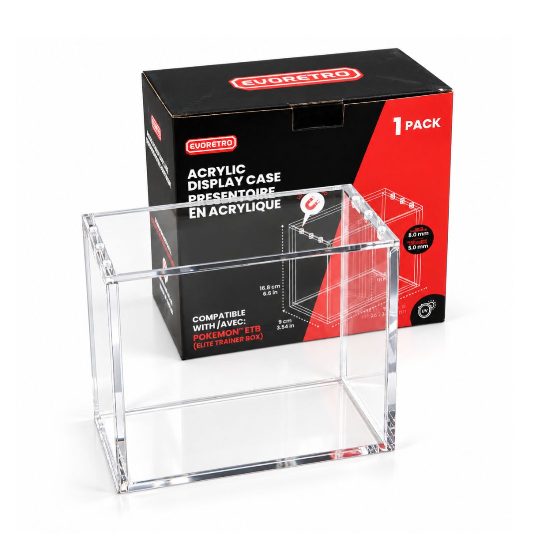 EVORETRO Acrylic ETB Display Case with Magnetic Lid and product packaging