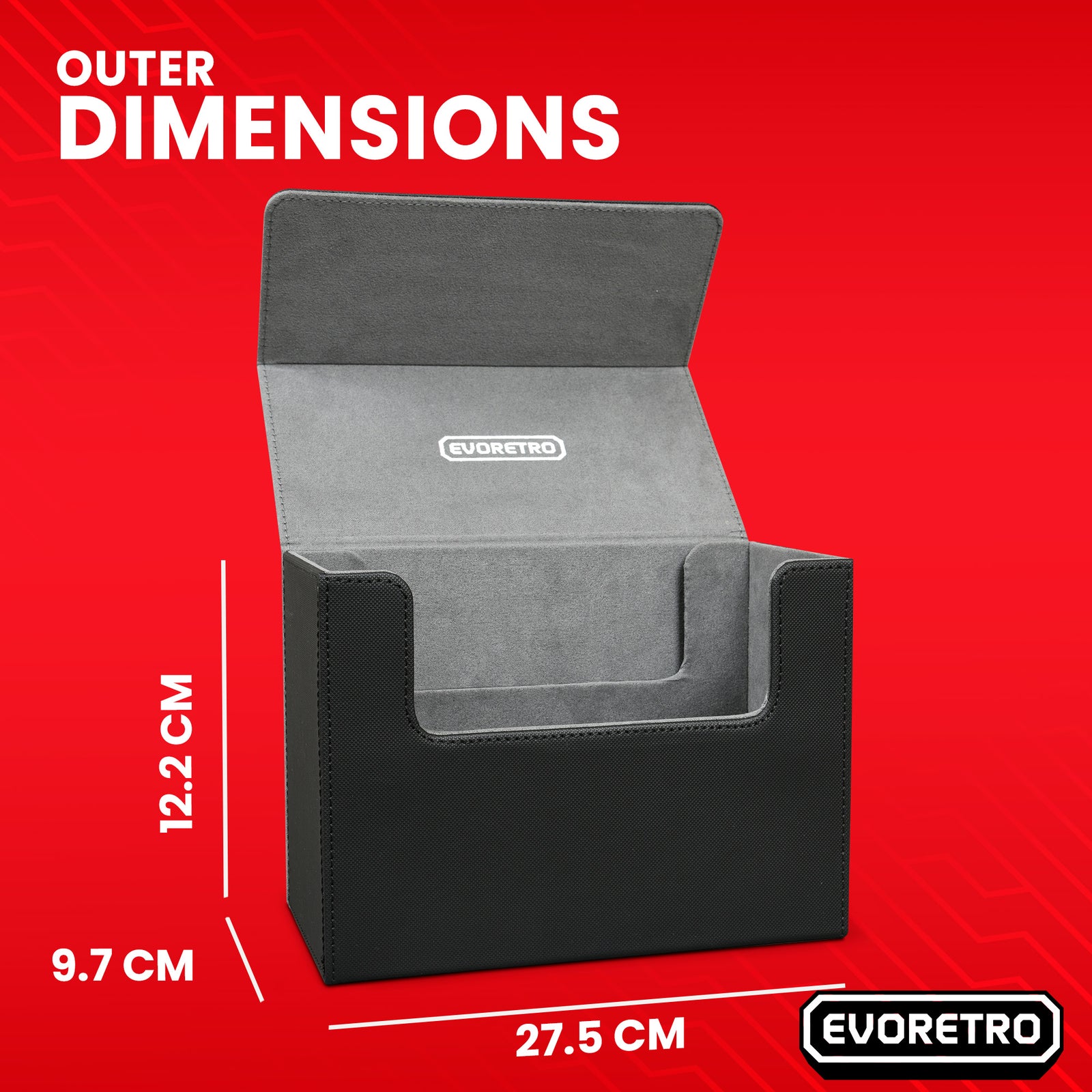 Open and empty magnetic card holder placed on a red background, with dimensions labeled in centimeters