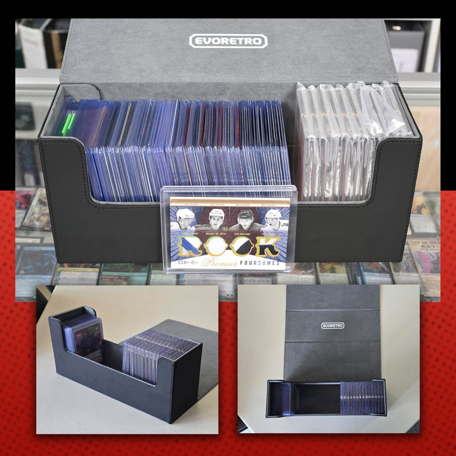 Multiple views of EVORETRO black magnetic card holder filled with trading cards, including a close-up with a hockey card in front, and angled shots showing capacity and branding