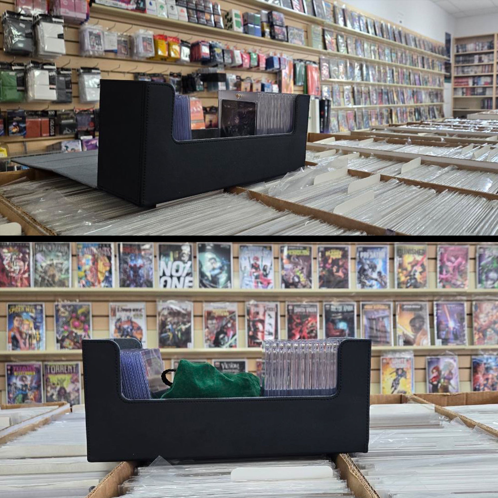 Black open magnetic card holder placed on comic book boxes inside a comic store, filled with cards and collectibles, with comic book wall display in the background