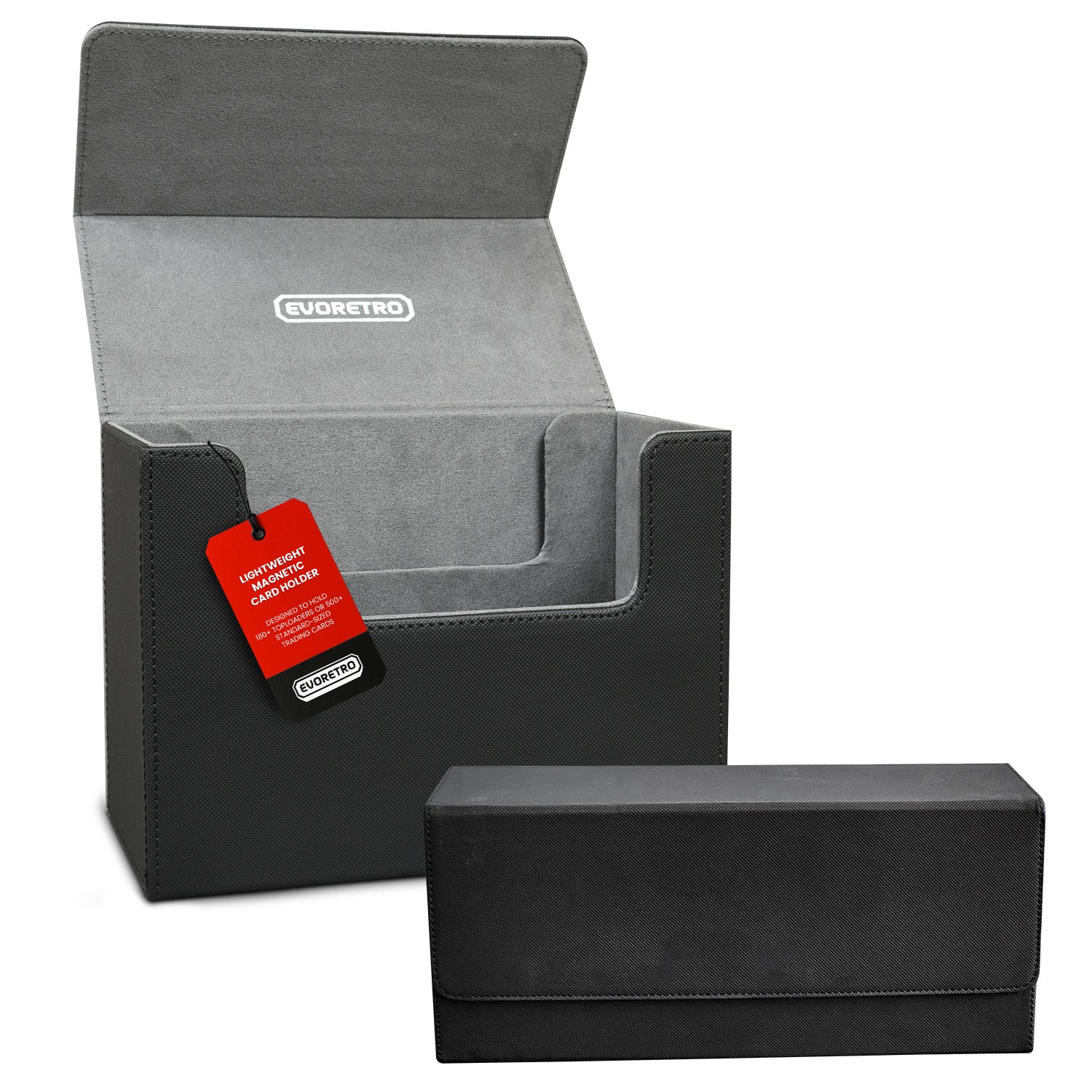 One open magnetic card holder with gray interior lining, and one closed showing black exterior, on white background