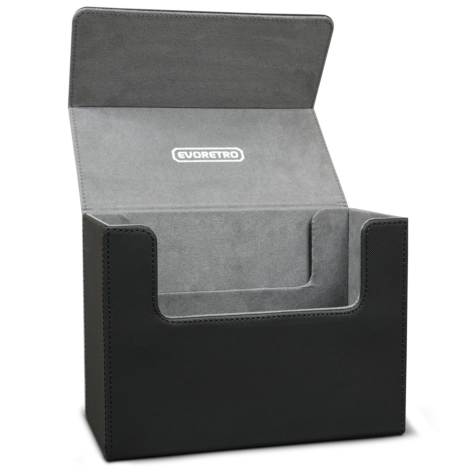 Empty and open magnetic card holder with gray interior lining on a white background