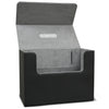 Empty and open magnetic card holder with gray interior lining on a white background