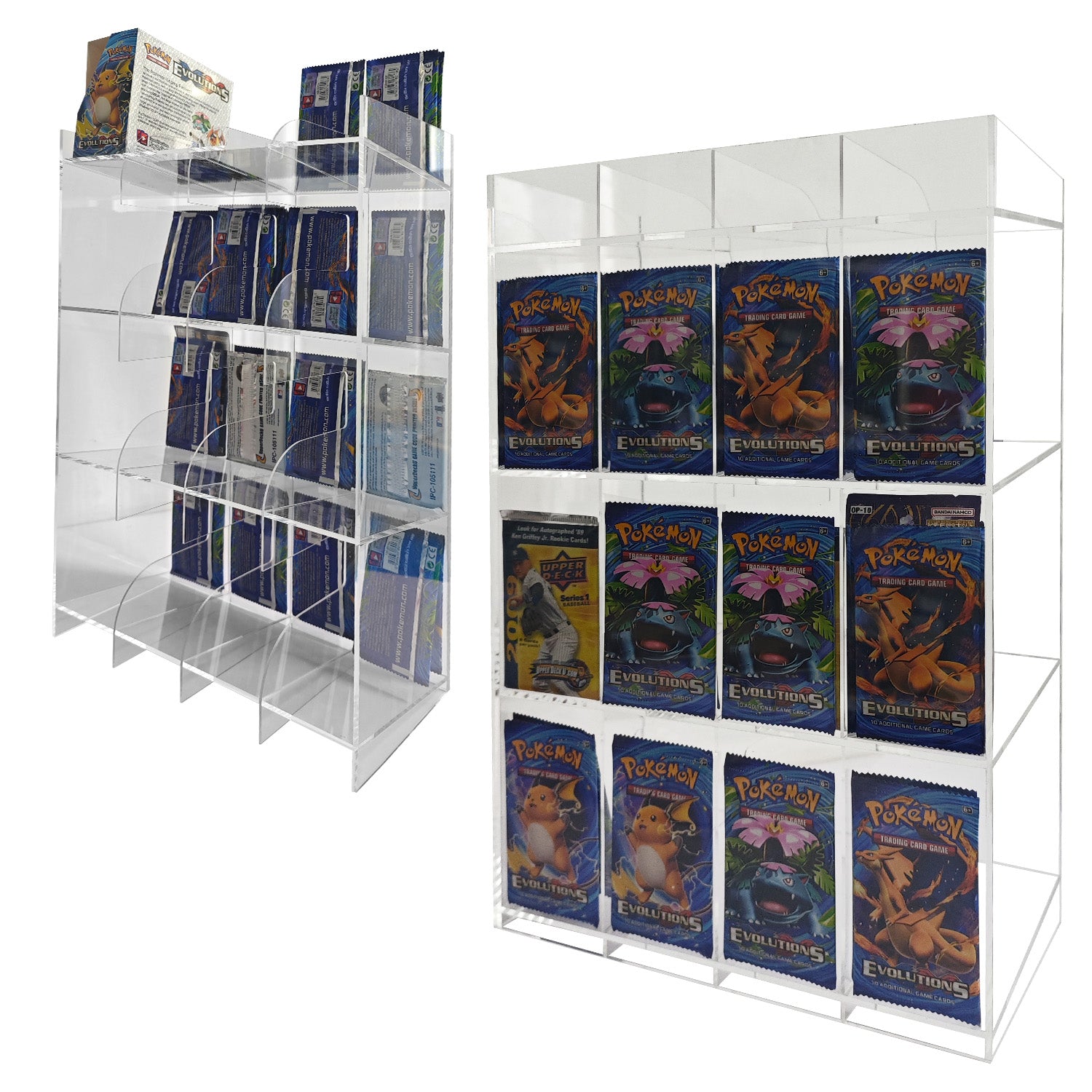 Acrylic display stand for booster packs with top shelf, shown empty and filled for retail counter display