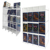 Acrylic display stand for booster packs with top shelf, shown empty and filled for retail counter display
