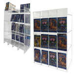 Acrylic display stand for booster packs with top shelf, shown empty and filled for retail counter display