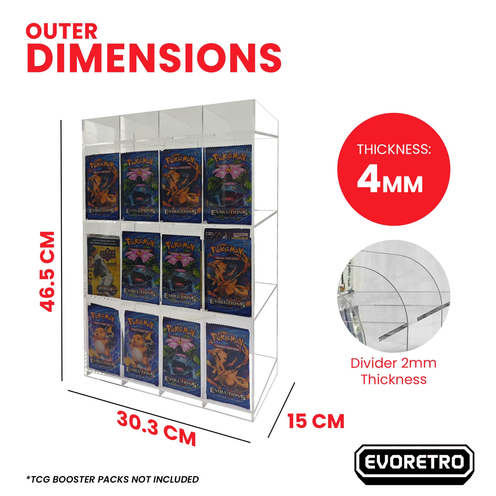 Display stand with dimensions and thickness information, featuring EVORETRO branding.