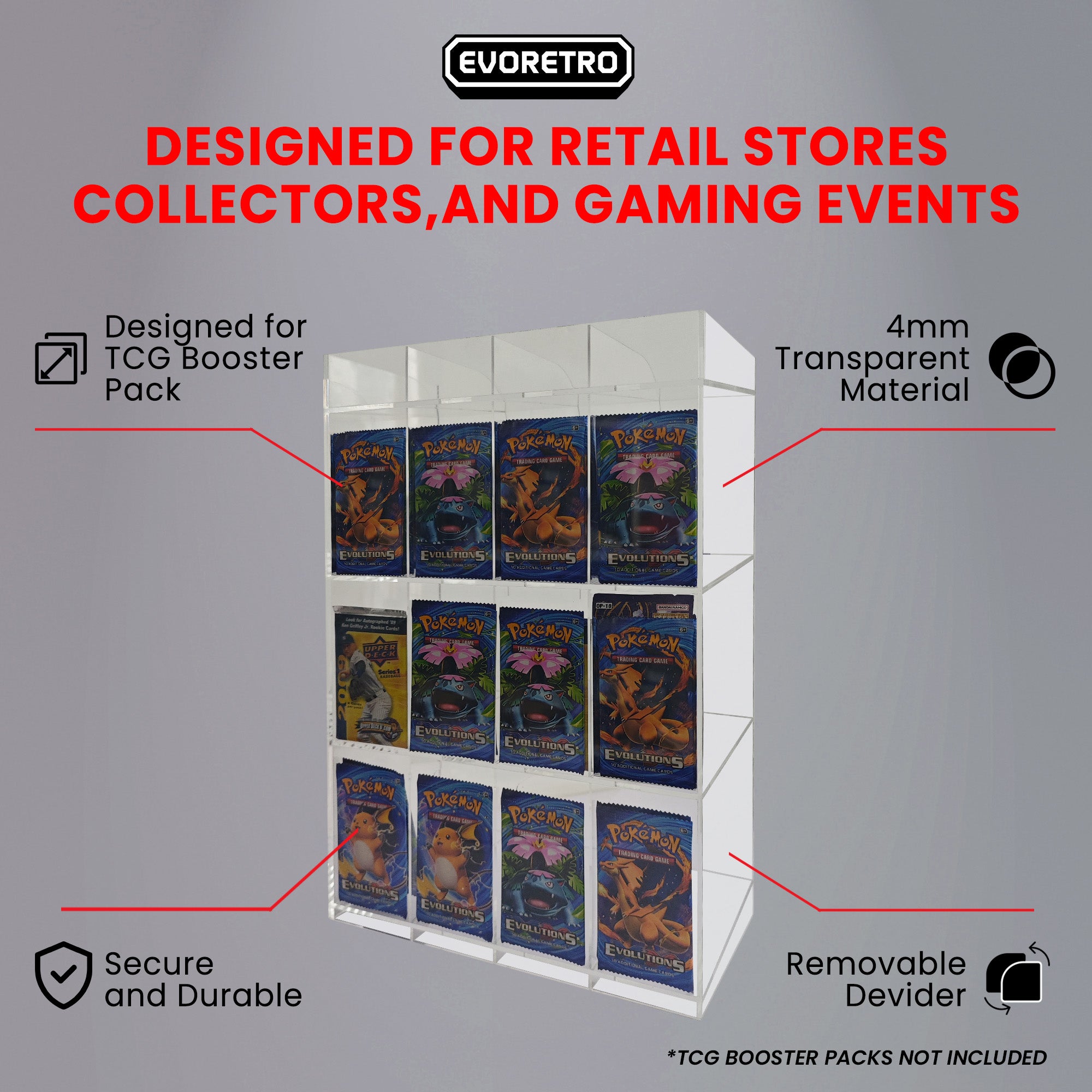 Clear acrylic display stand for trading card booster packs shown on a gray background with highlighted features.