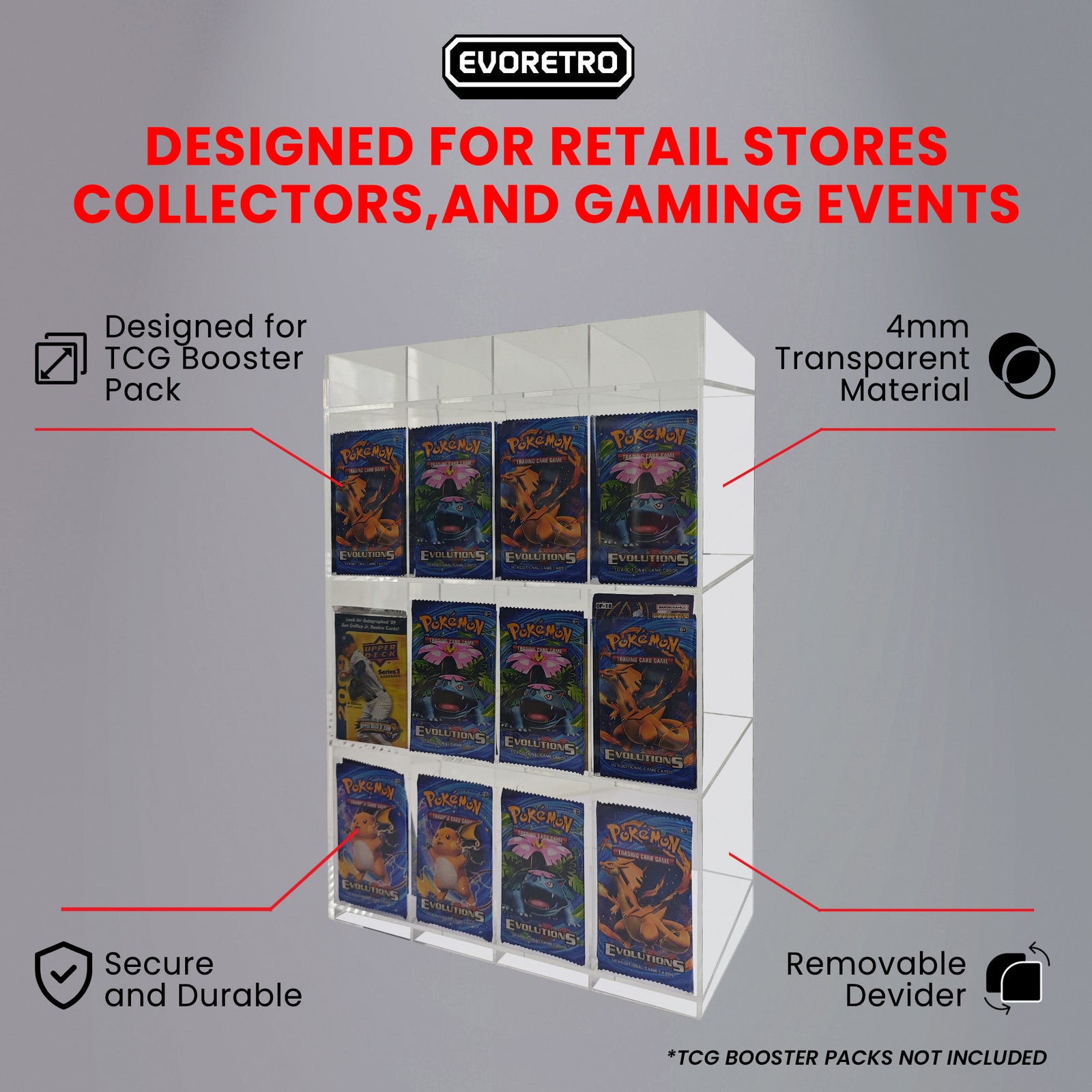 Clear acrylic display stand for trading card booster packs shown on a gray background with highlighted features.