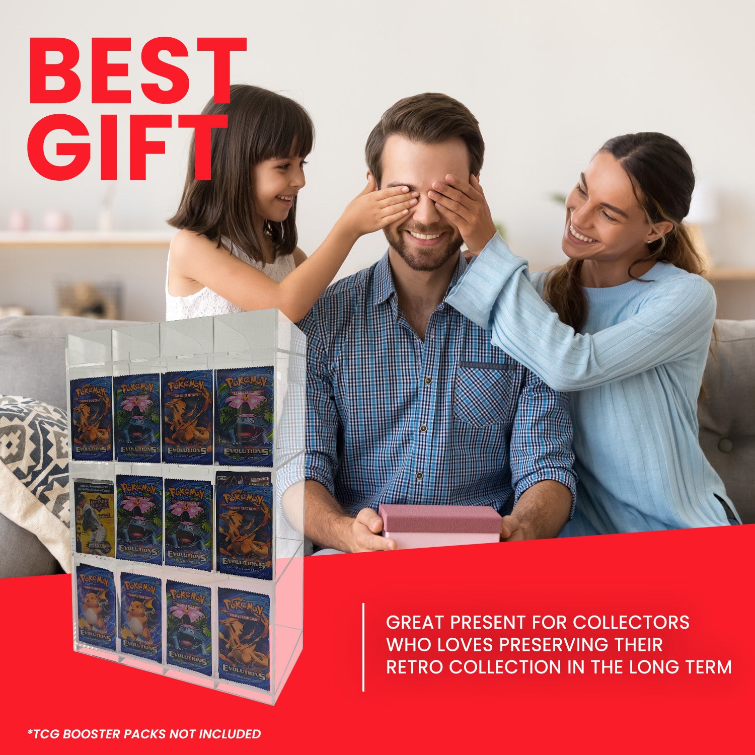 Clear acrylic display stand with retro Pokémon TCG booster packs on a counter, background shows a smiling family suggesting it as a gift. Text overlay reads “BEST GIFT” and “GREAT PRESENT FOR COLLECTORS.”