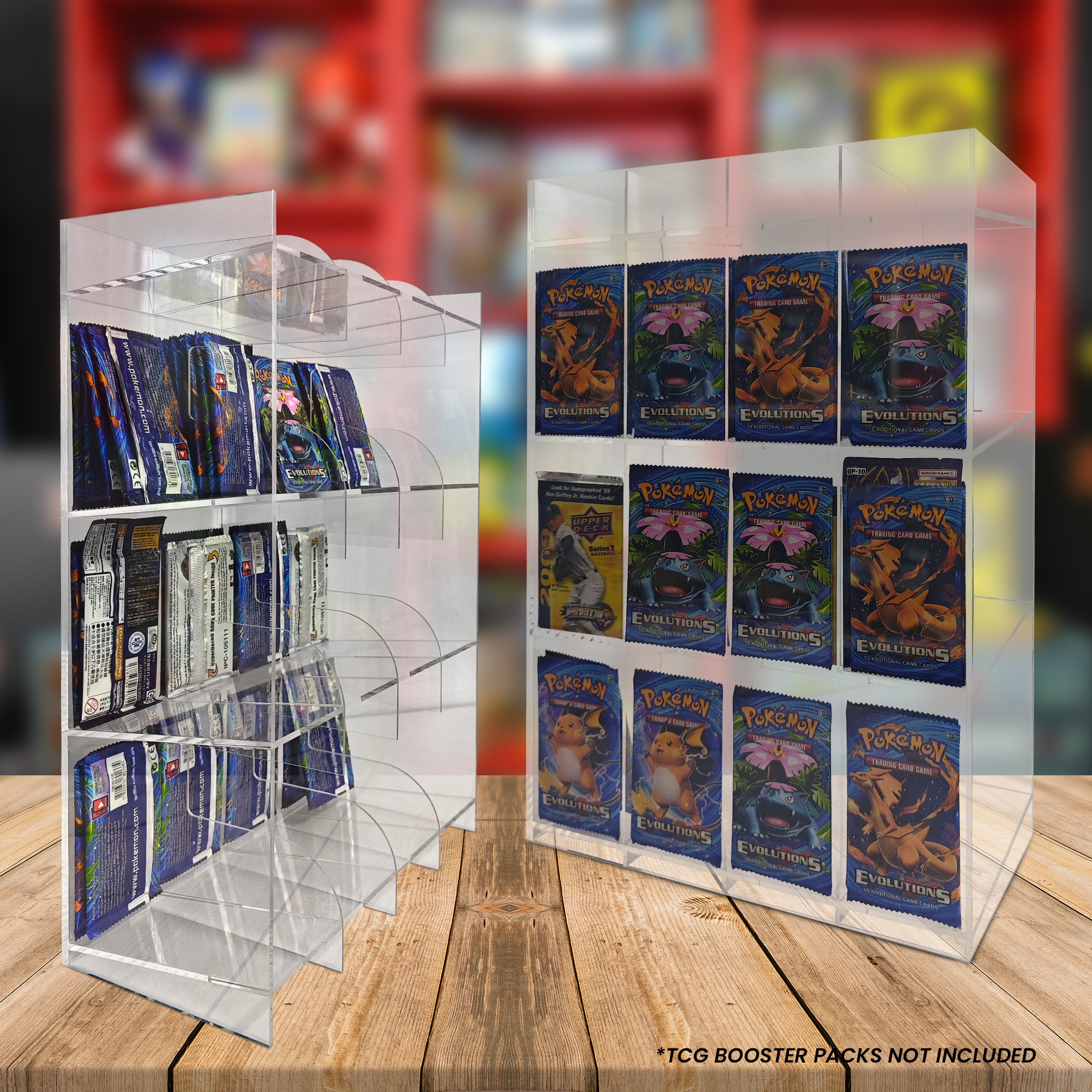 Acrylic display stand with multiple packs of 'Pokémon' trading cards on a wooden surface.