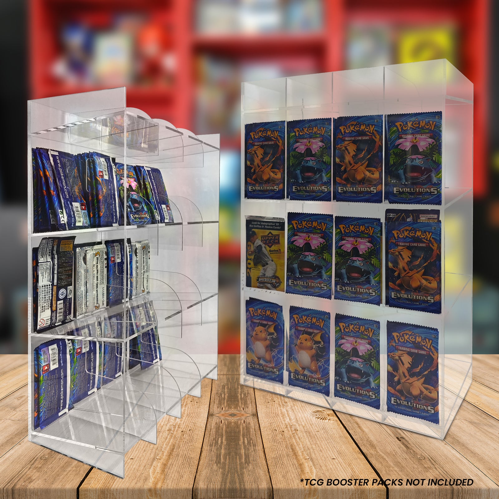 Acrylic display stand with multiple packs of 'Pokémon' trading cards on a wooden surface.
