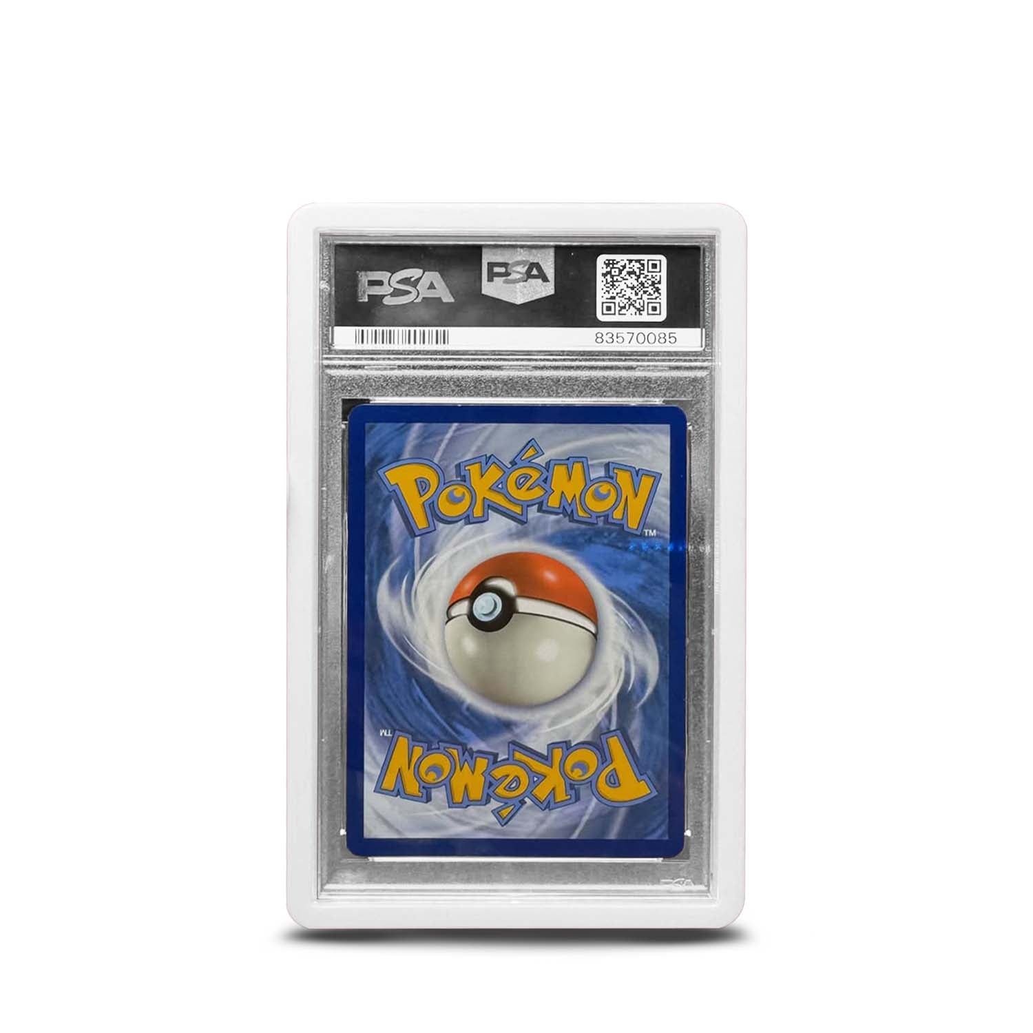Pokémon trading card in a PSA protective case on a white background