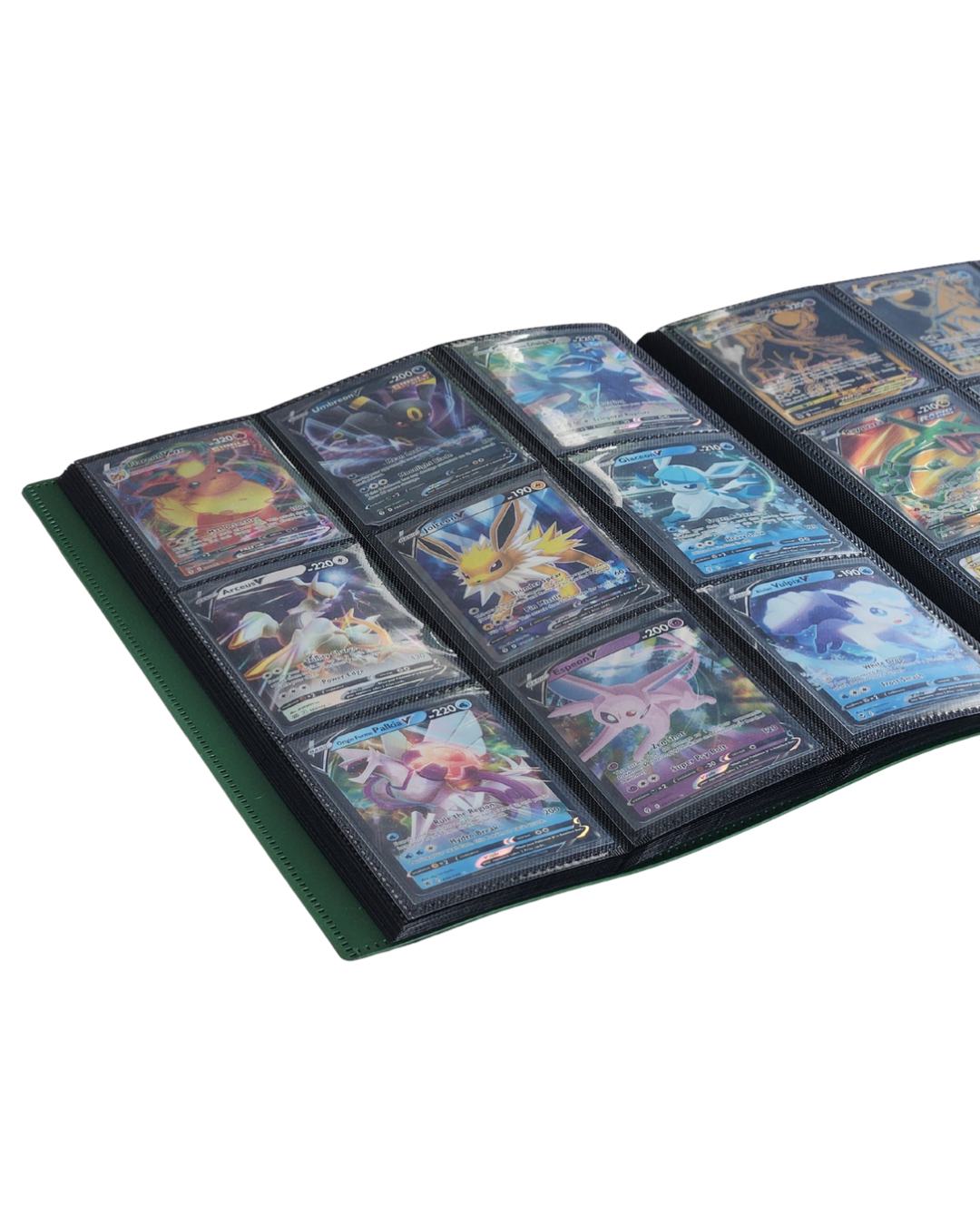 Open 9 pocket card flex portfolio binder displaying trading cards in protective sleeves
