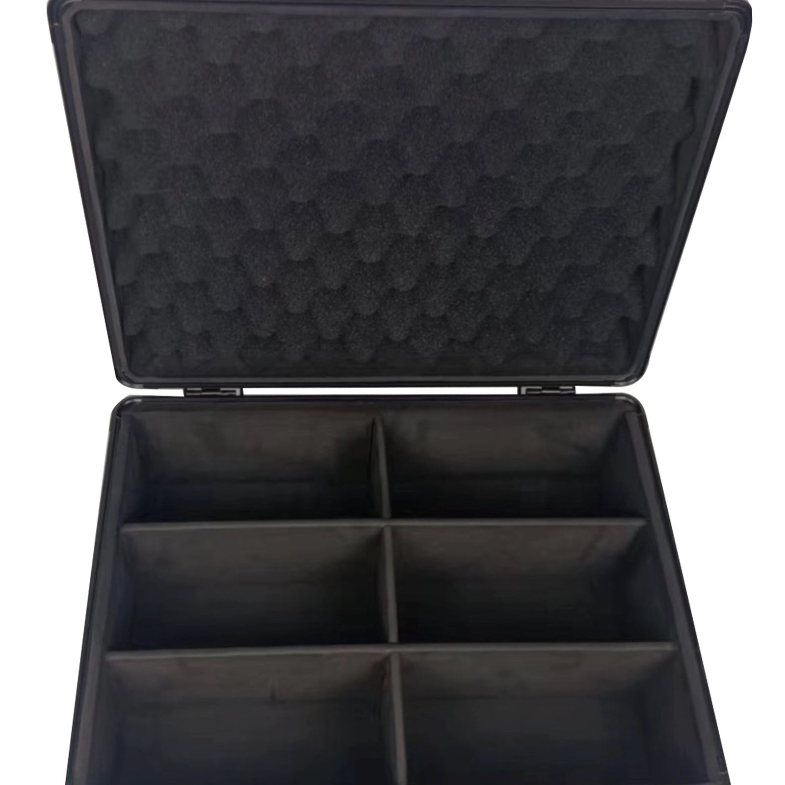 Close-up front view of open card storage box showing internal divider and protective foam compartments