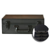 Black toploader card storage box with open  zoomed-in view showing divider, and closed card storage case on white background