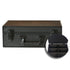 Black toploader card storage box with open  zoomed-in view showing divider, and closed card storage case on white background