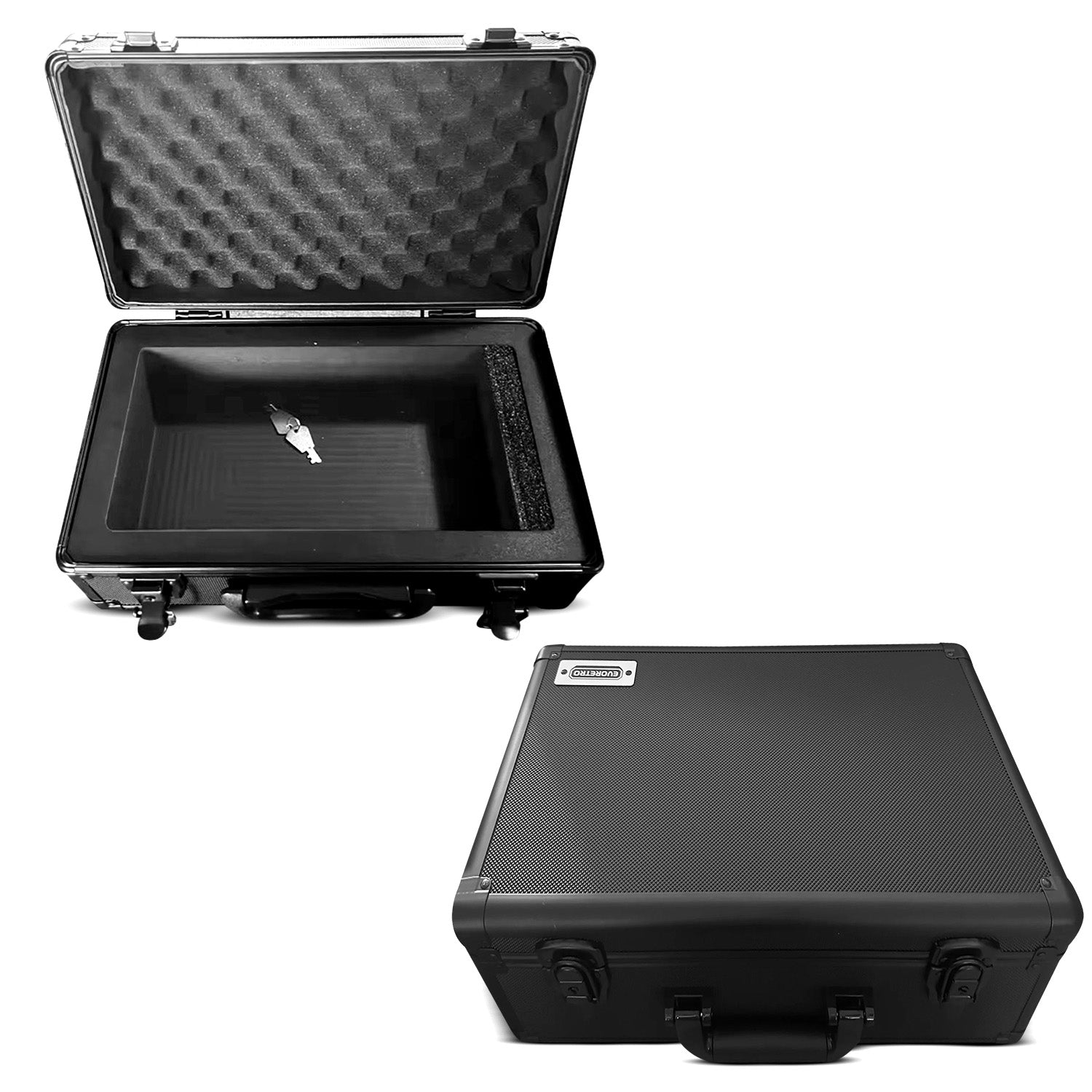 Black hard-shell case with foam interior, and a closed version beside it, both on a white background