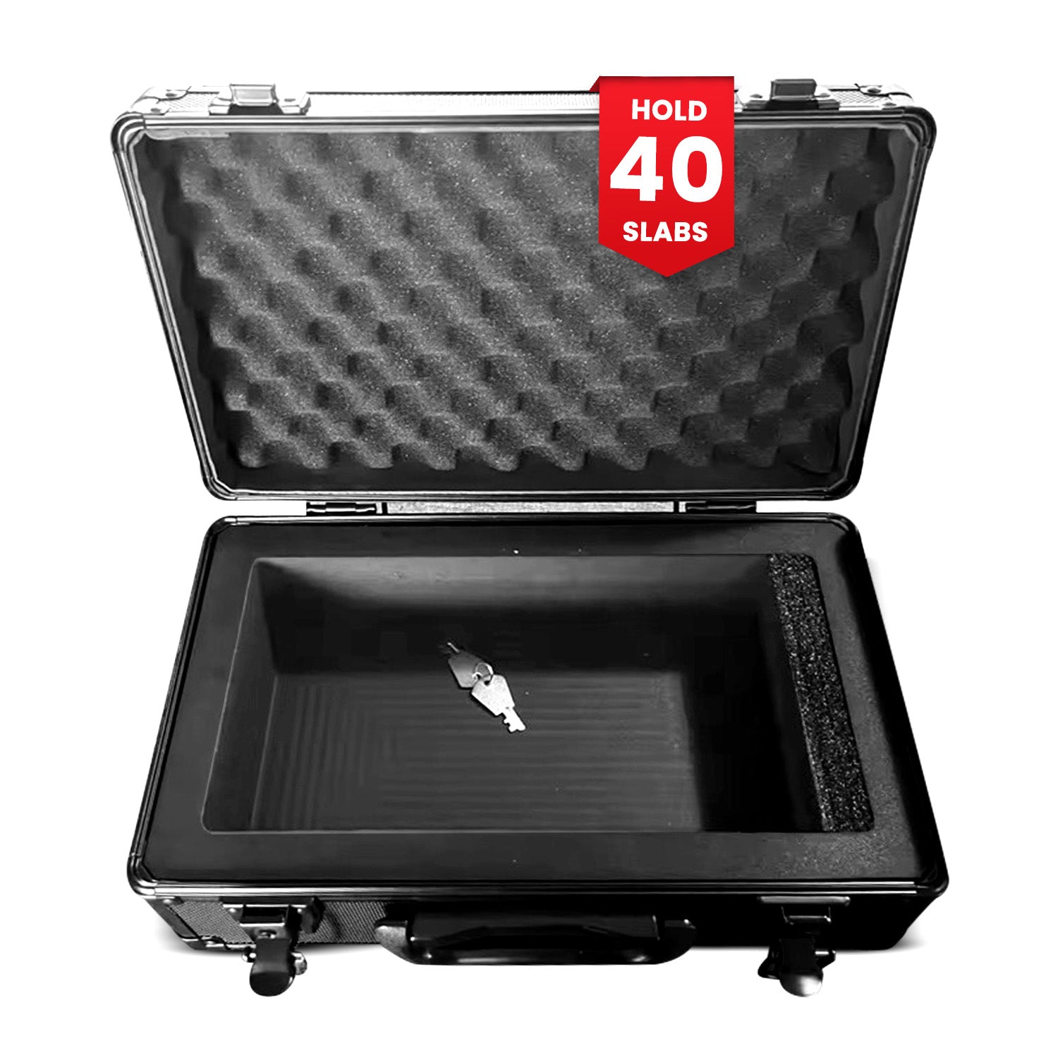 Black protective case with foam interior, key, and 'Hold 40 Slabs' label on a white background