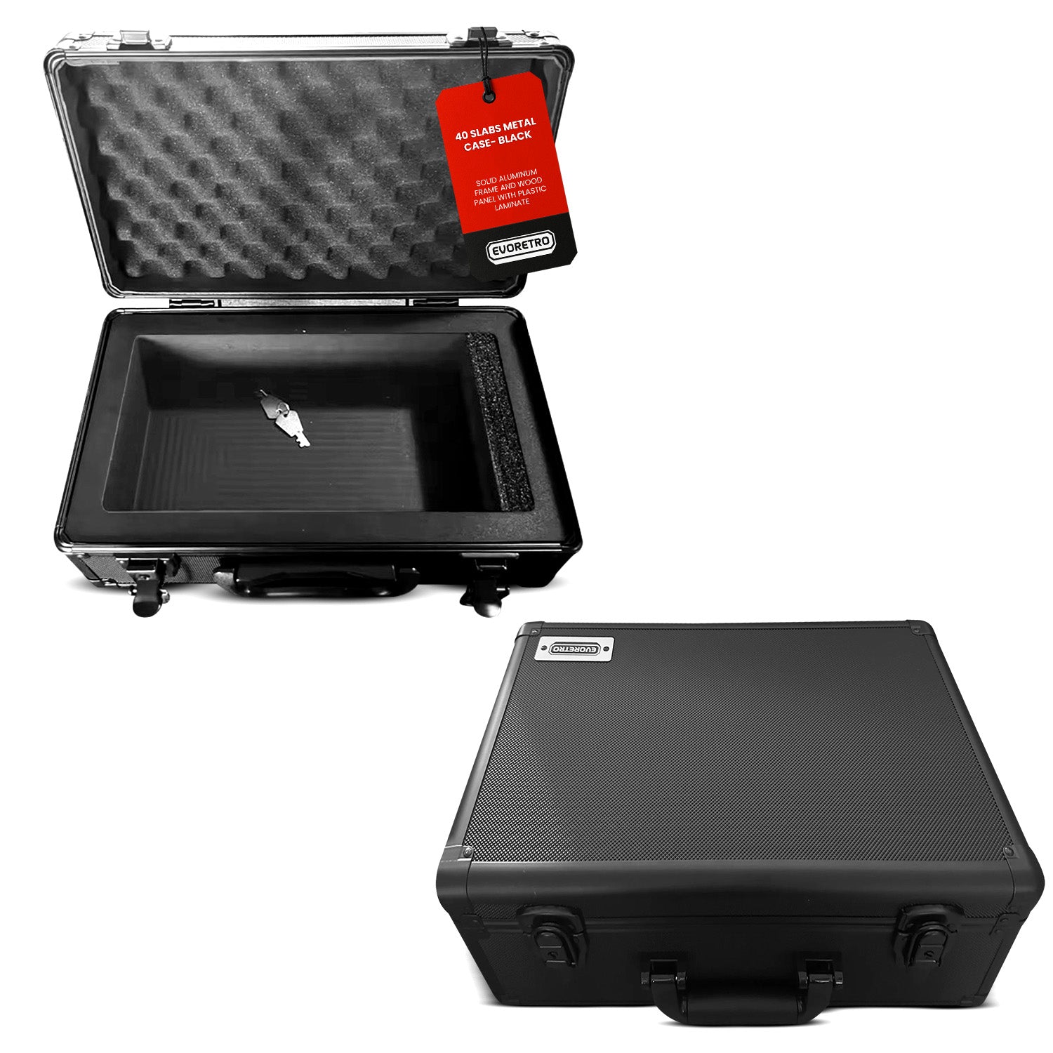 Black metal case with foam interior, open to reveal a key, on a white background.