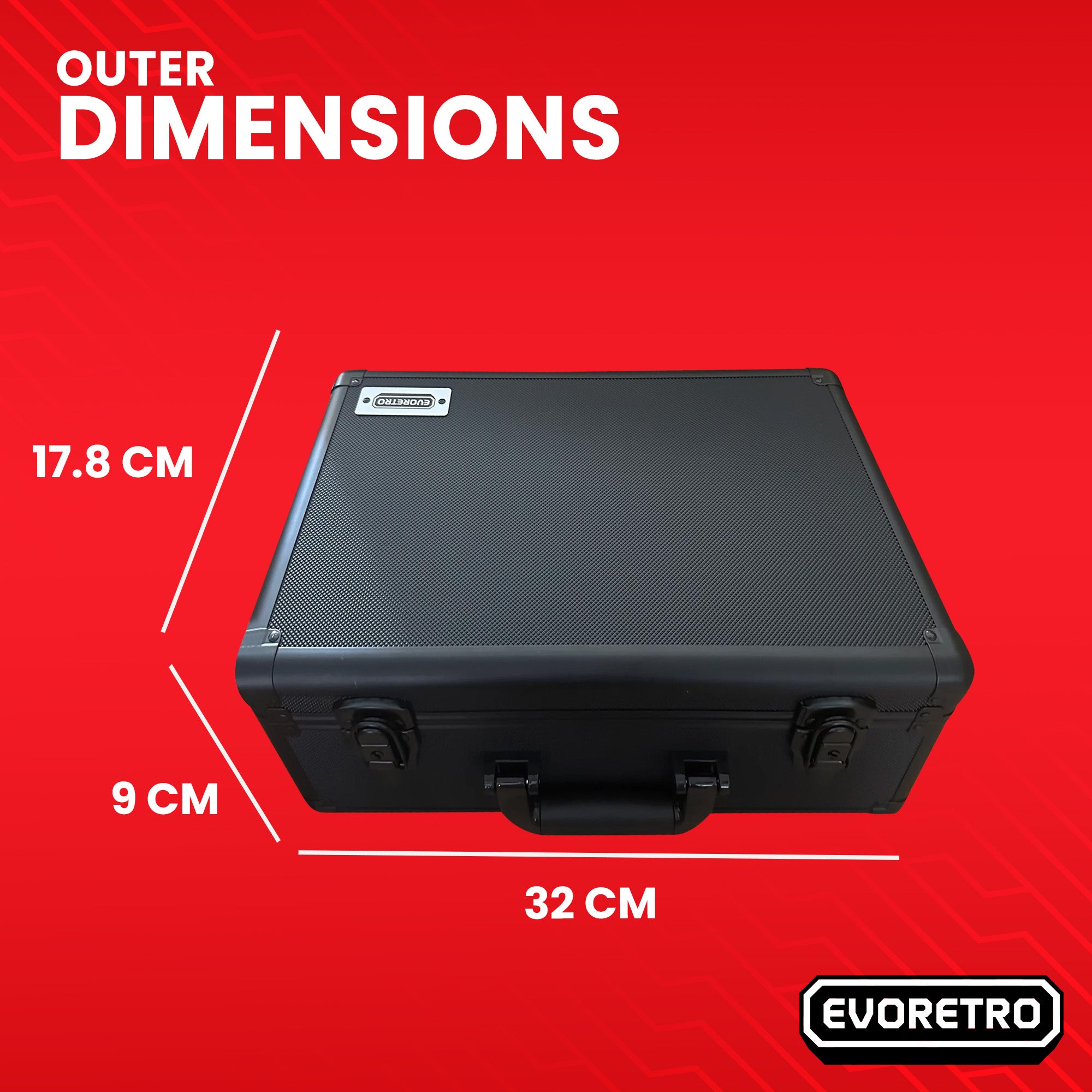 Black case with dimensions labeled on a red background, featuring the dimension in cm.