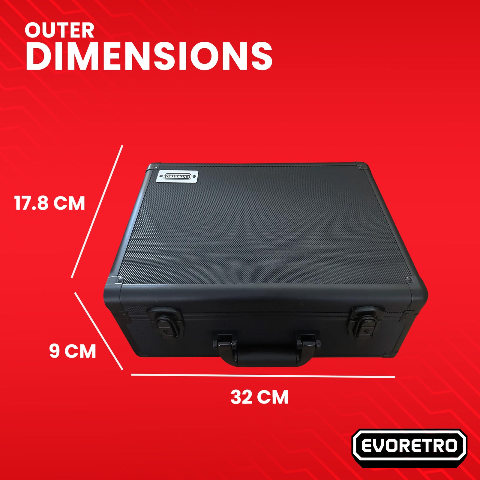 Black case with dimensions labeled on a red background, featuring the dimension in cm.