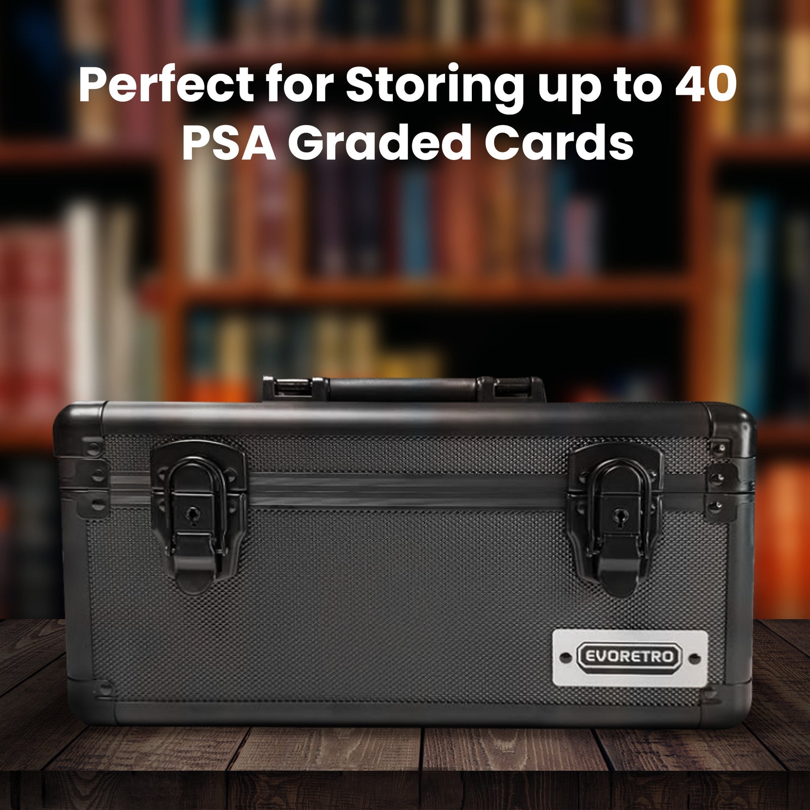 Black storage case for PSA graded cards with a blurred bookshelf background