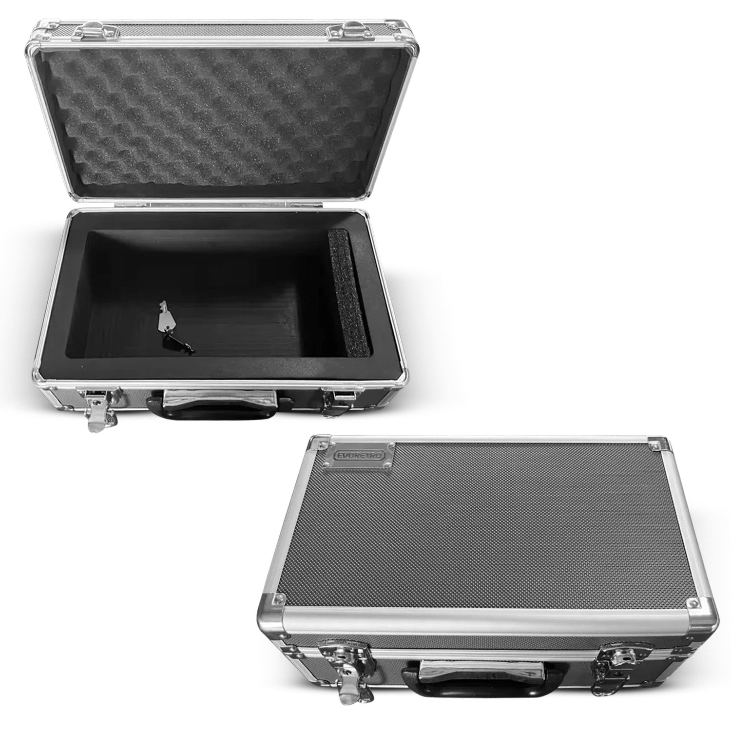 Silver metal case with open lid showing foam interior on a white background