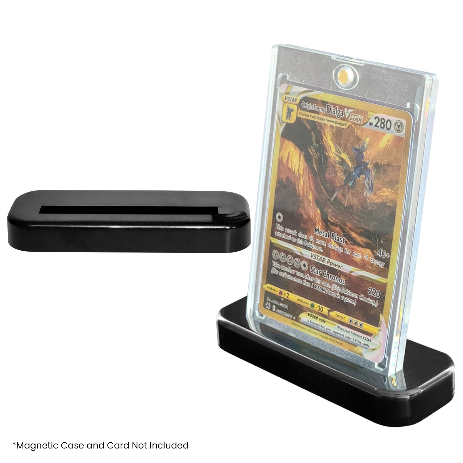 Black grading card display stand with a slab card on a white background
