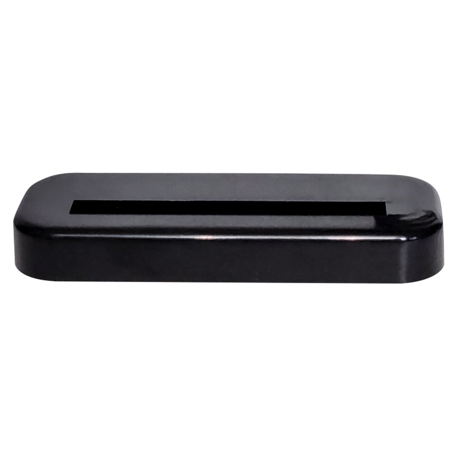 Black graded card display stand on white background