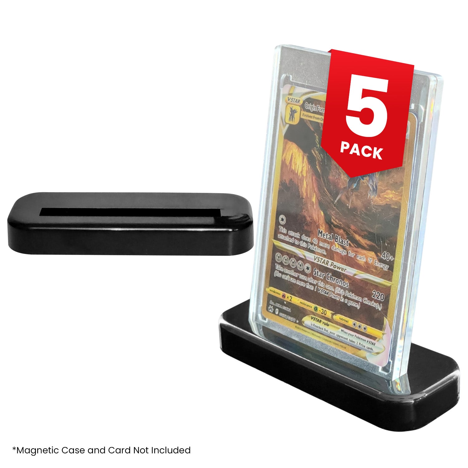 Card display stand with a card and a red label indicating '5 Pack' on a white background