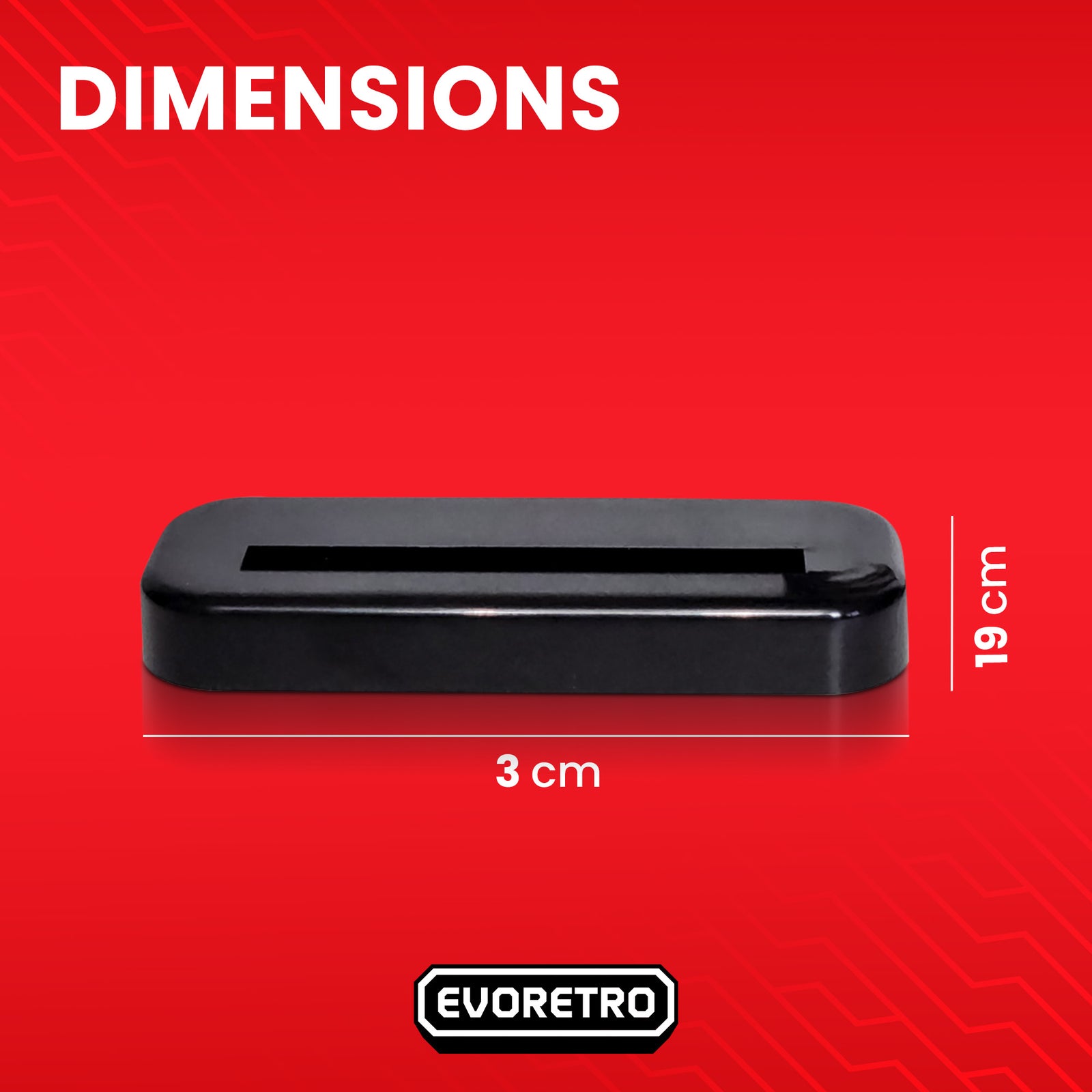 Black display stand with dimensions shown in cm on red background