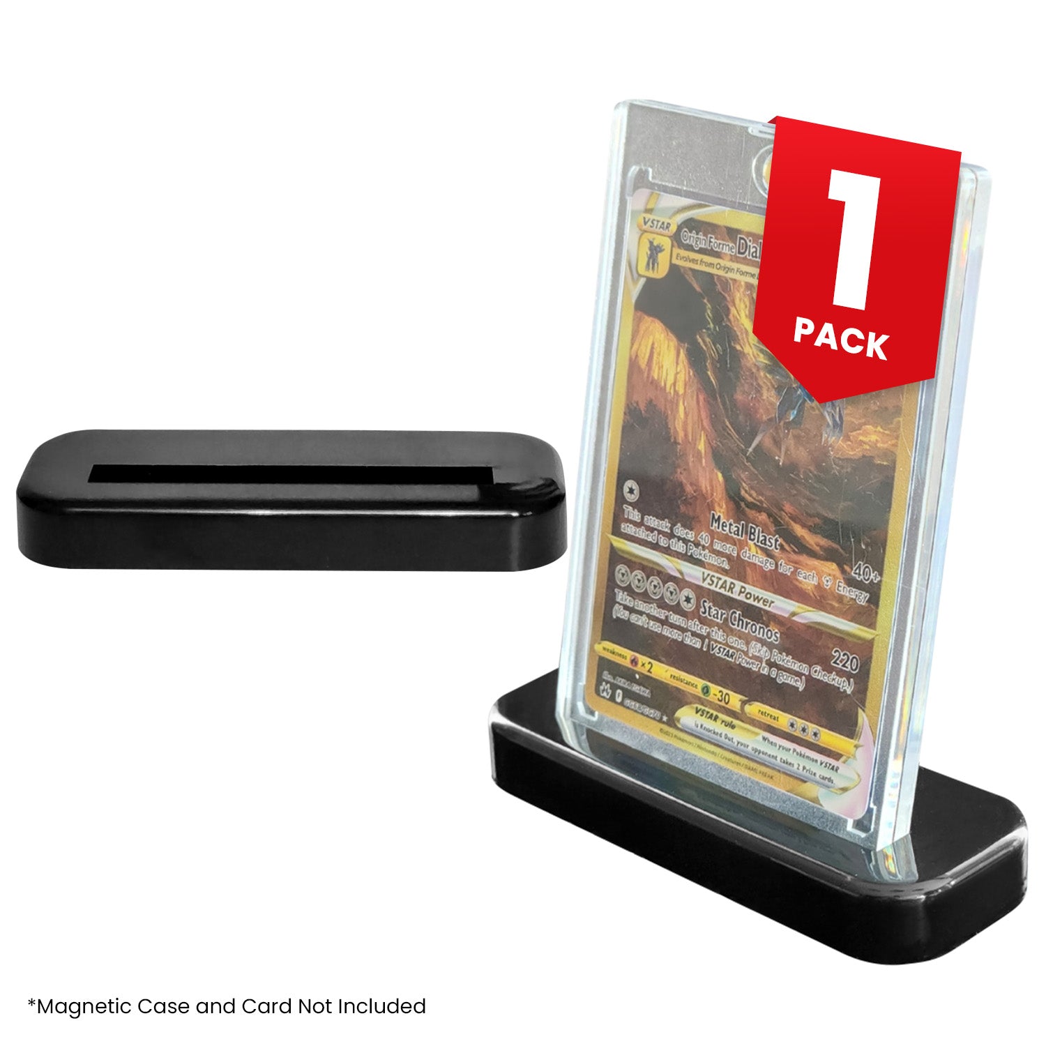 Black display stand with one touch magnetic card holder on white background